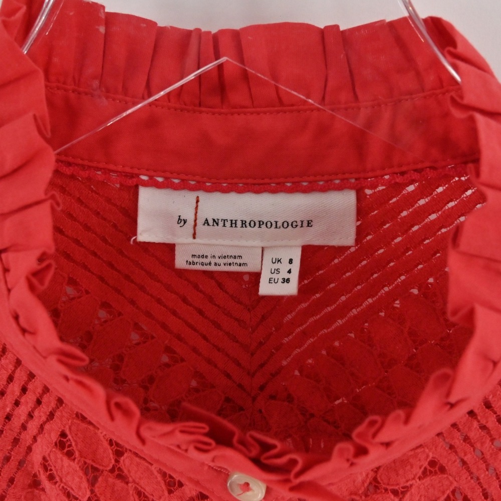 Anthropologie Lace Ruffle Neck Blouse Womens Size 4 Red Crochet Boho Eyelet Top - Picture 6 of 8